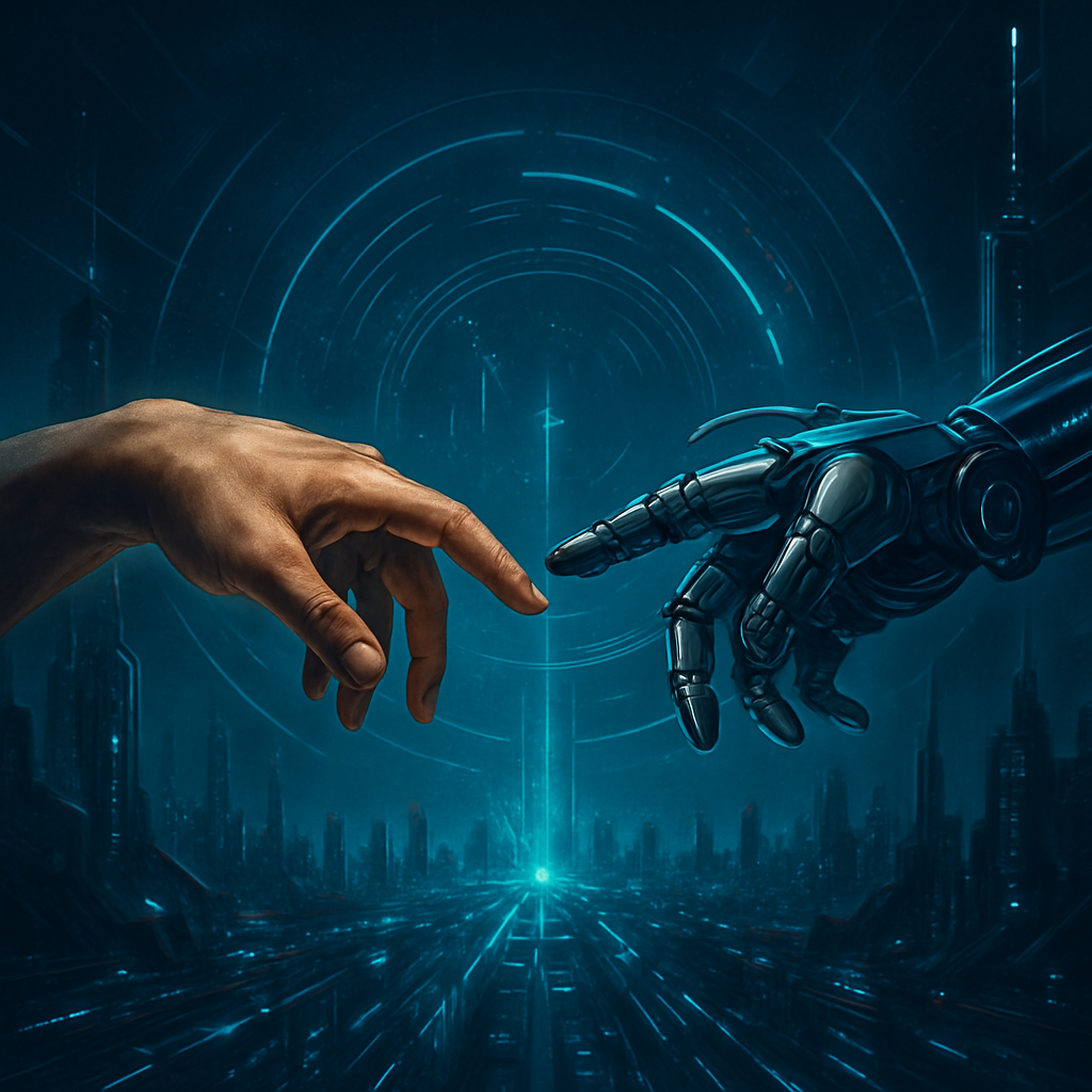 Human and robotic hands reaching toward each other over a futuristic city