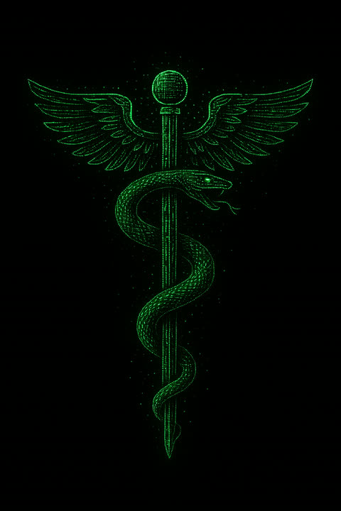 A winged staff with a serpent coiled around it, drawn in points of green light